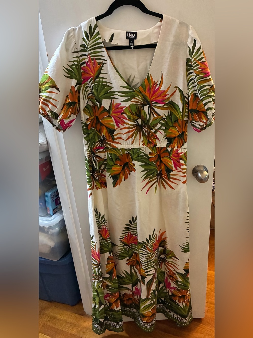 INC International Concepts Cream Tropical Print Maxi Dress - size large